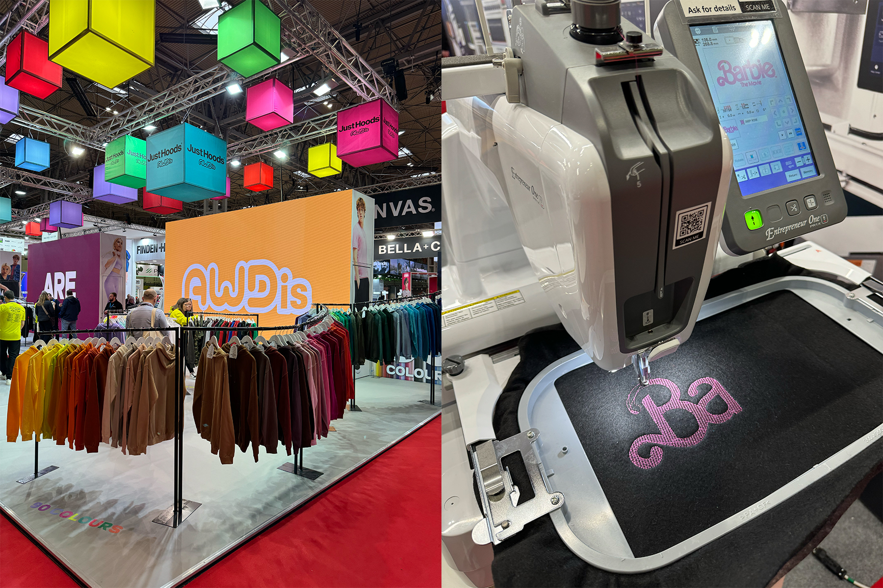 A side by side of a clothing display with colourful writing and barbie embroidery